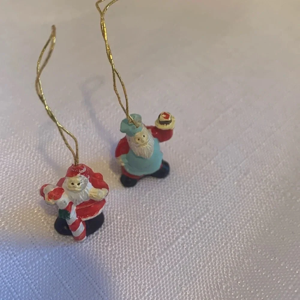 Two Miniature Collectible Resin Santa Clause Christmas Ornaments Holiday Tree